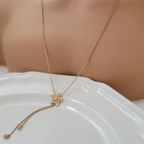 1970s Lariat Necklace Adjustable Sea Star Pendant Statement 14k gold Plate - Picture 5 of 7